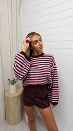 Mohair Stripe Baggy Sleeve Jumper - PINK/BURGUNDY