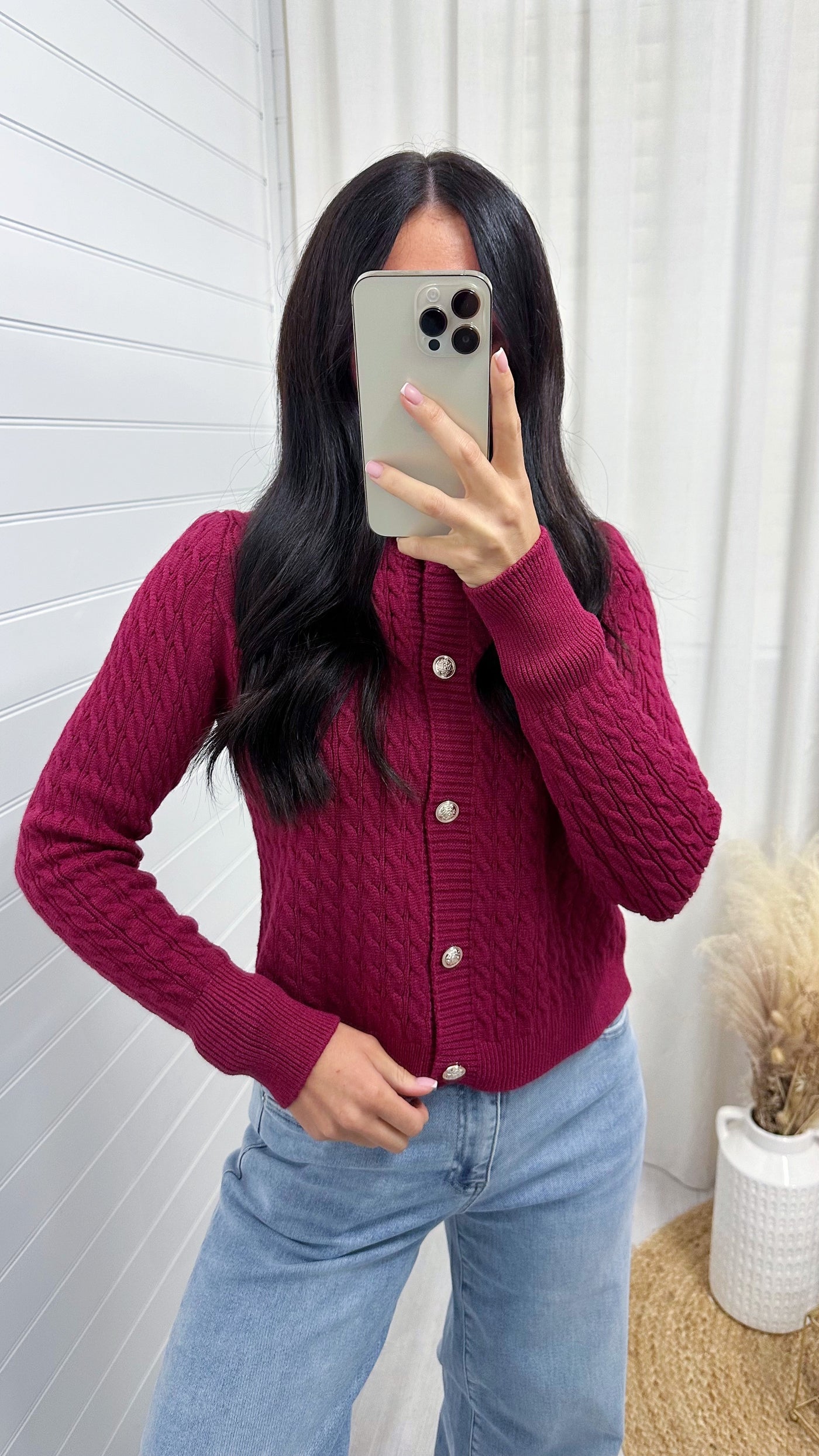 Long Sleeve Gold Button Cable Knit Cardigan - WINE