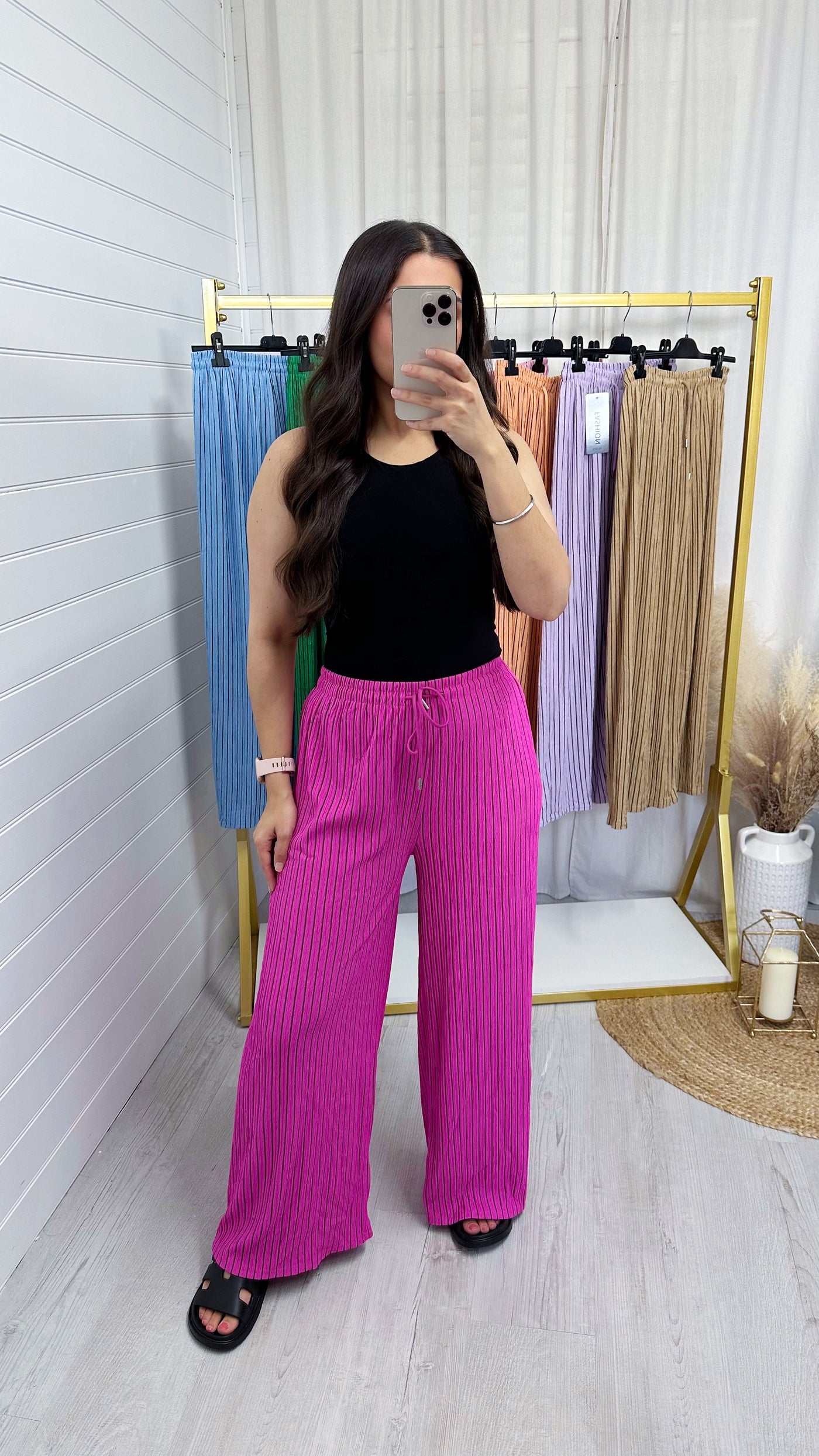 Pinstripe Stretchy Wide Leg Trousers - HOT PINK