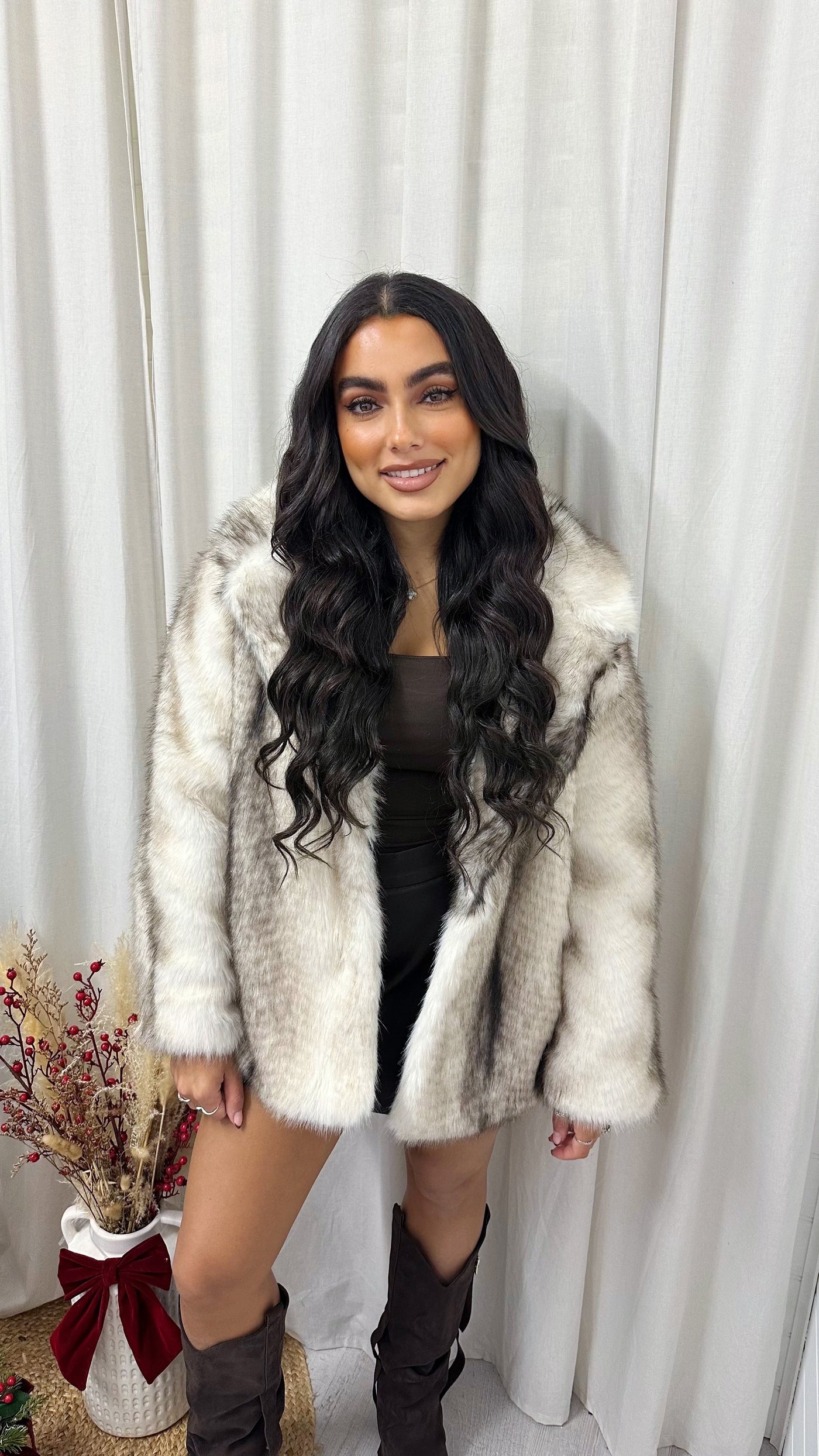 Chunky Two Tone Faux Fur Coat - CREAM/BROWN