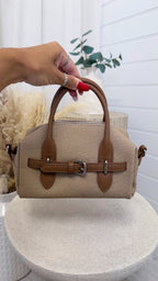 Textured Canvas Belt-Detail Handbag - BEIGE