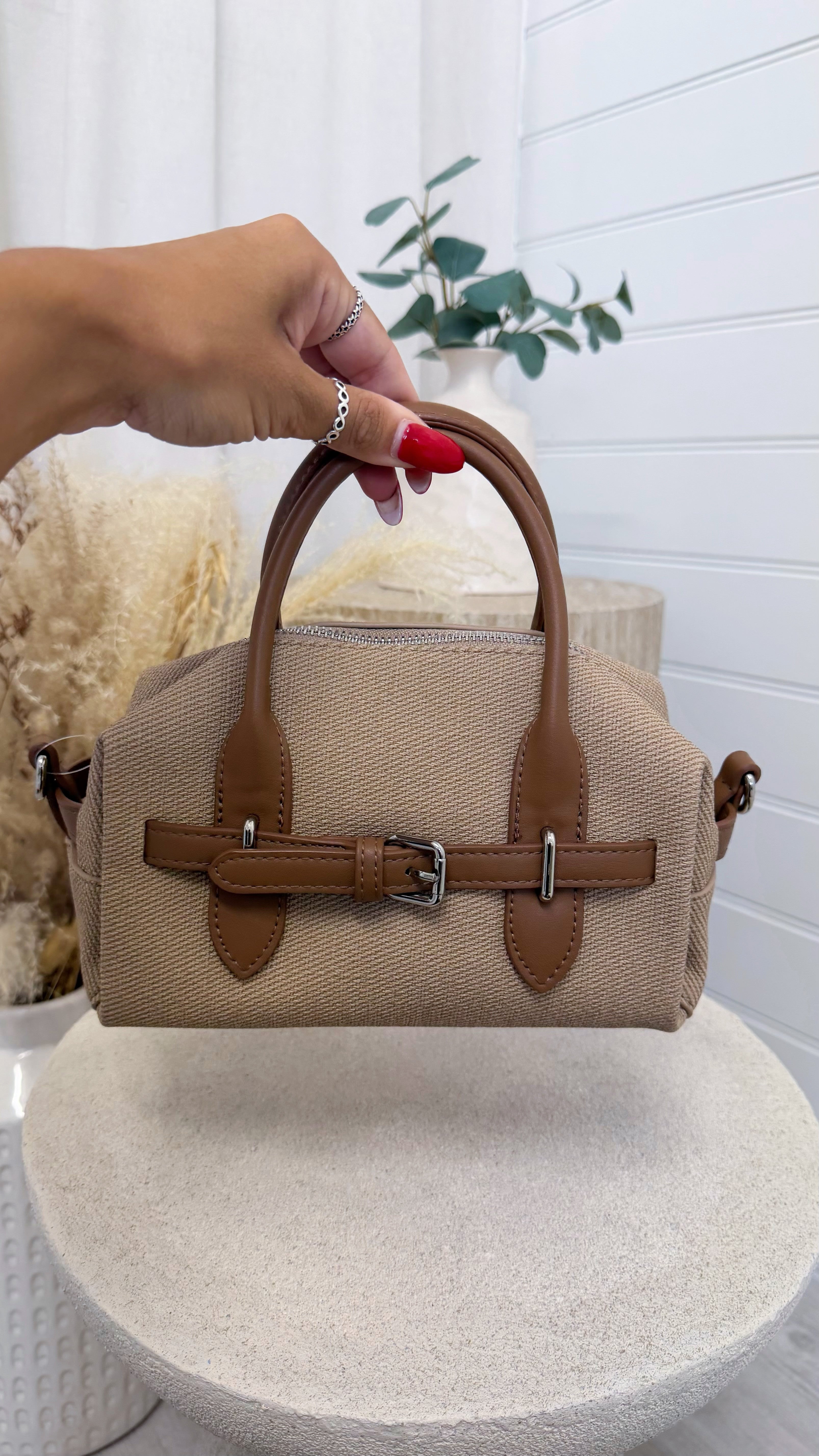 Textured Canvas Belt-Detail Handbag - BEIGE
