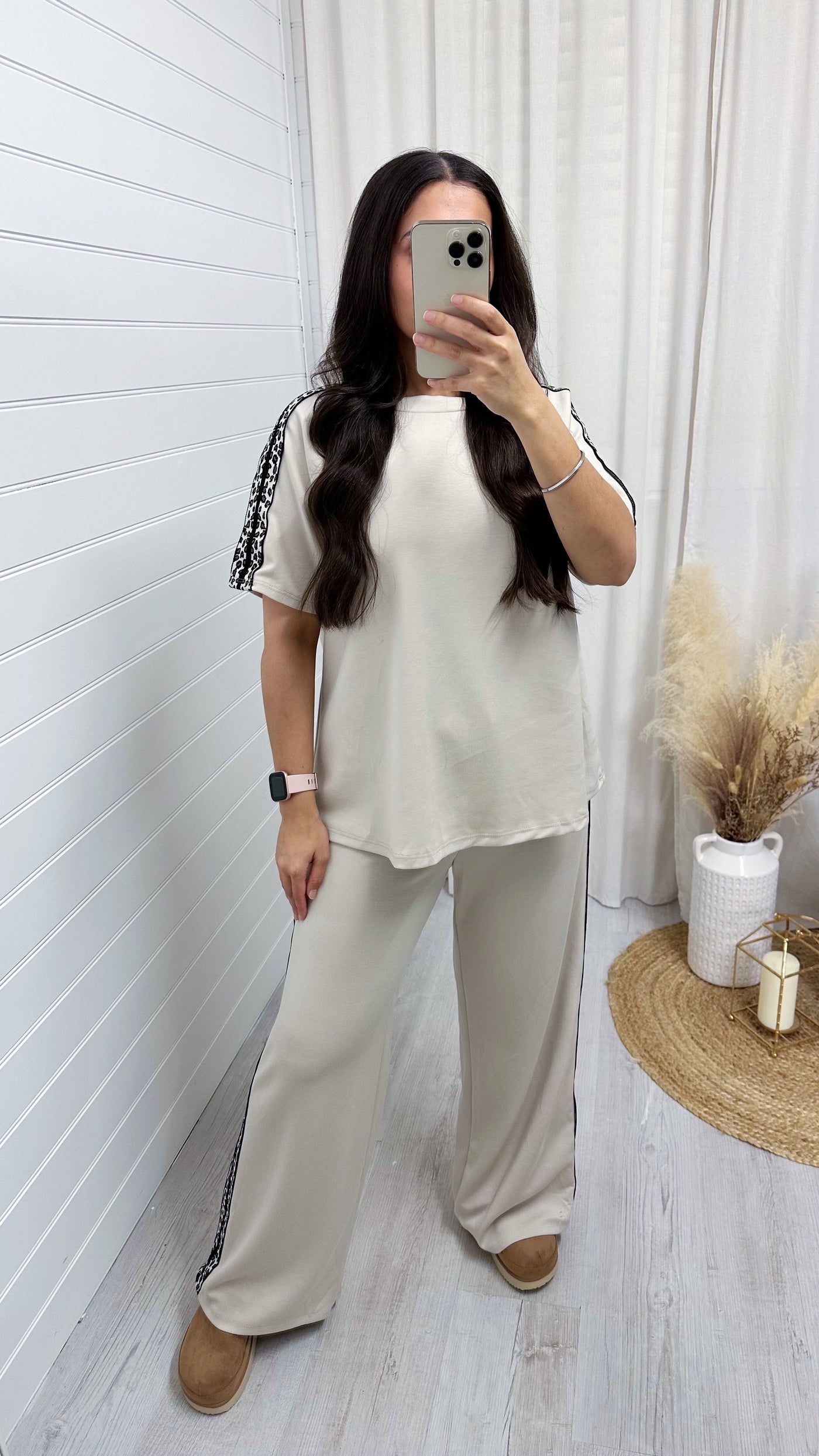 Leopard Trim Plain T-Shirt and Joggers Co-Ord - BEIGE