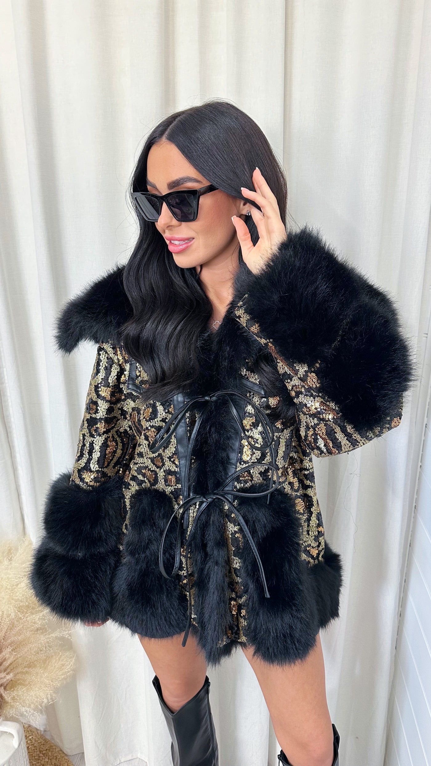 Leopard Sequin Faux Fur Coat - BLACK