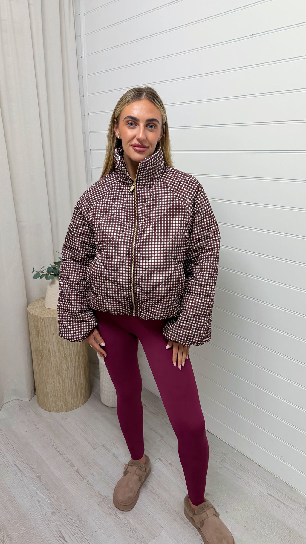 Quilted Gingham Bomber Jacket - BURGUNDY