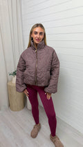 Quilted Gingham Bomber Jacket - BURGUNDY