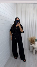 Gold Button Belted Shirt and Trousers Co-Ord - BLACK