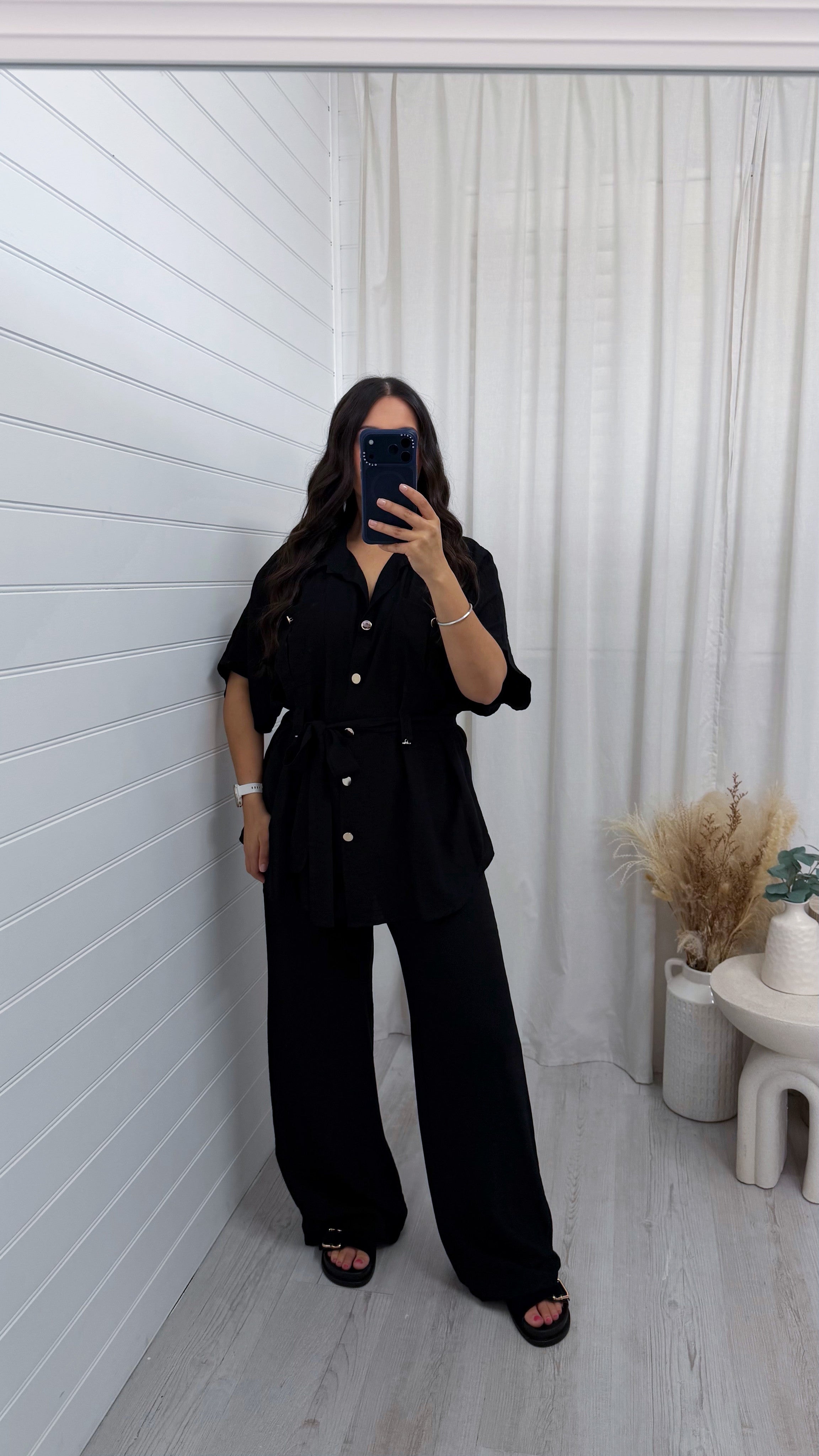 Gold Button Belted Shirt and Trousers Co-Ord - BLACK