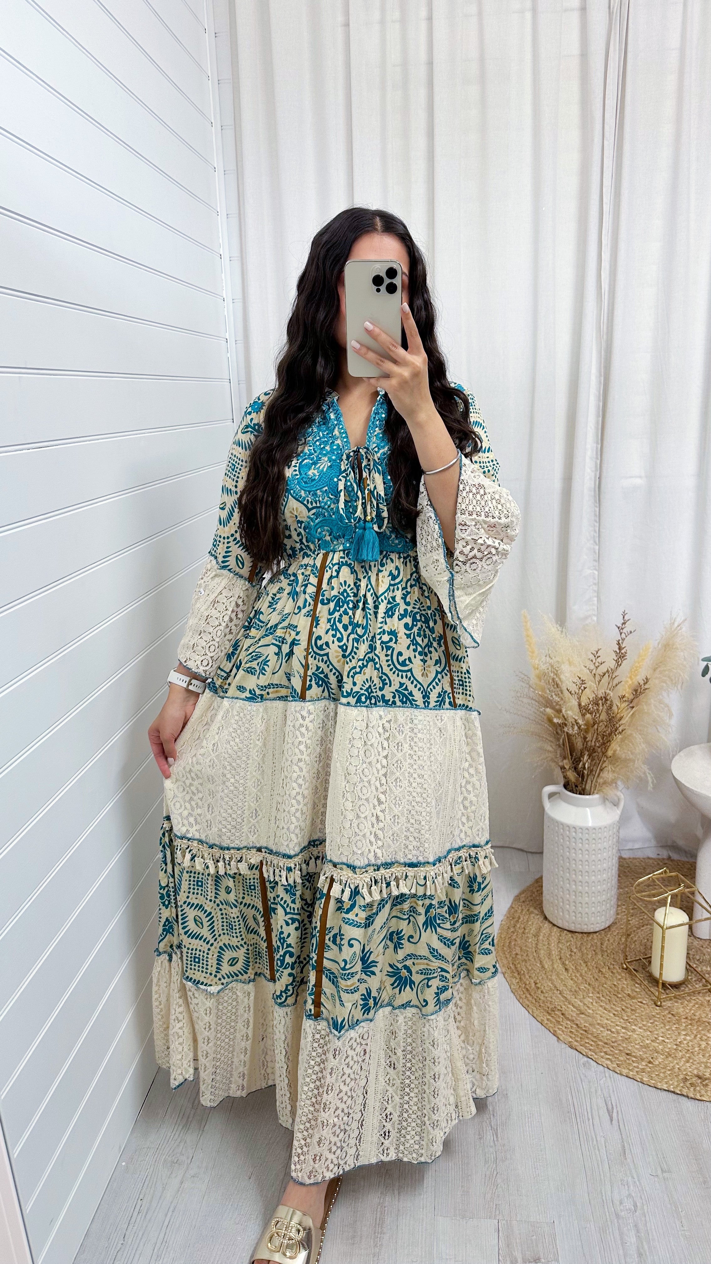 Lace Panel Damask Print Maxi Dress - TEAL