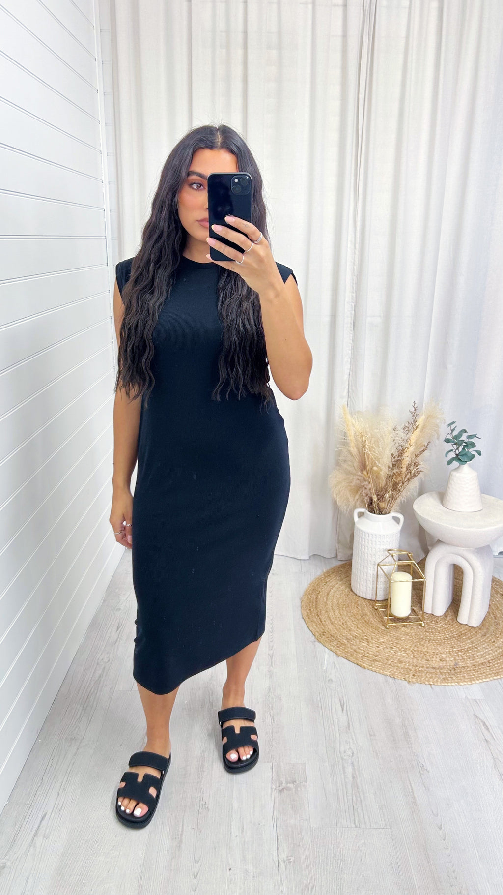 Soft Ribbed Sleeveless Midi Dress - BLACK