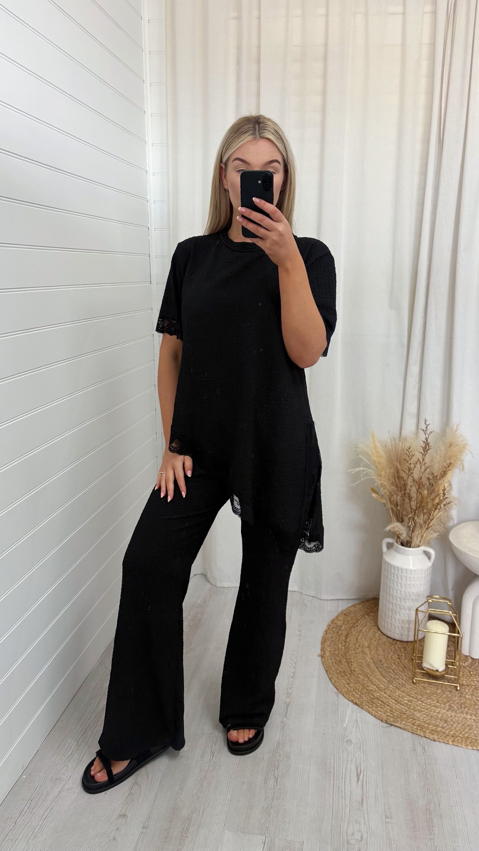 Lace Hem Asymmetric Co-Ord - BLACK