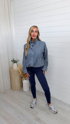 Gingham Toggle Bottom Bomber Jacket - NAVY