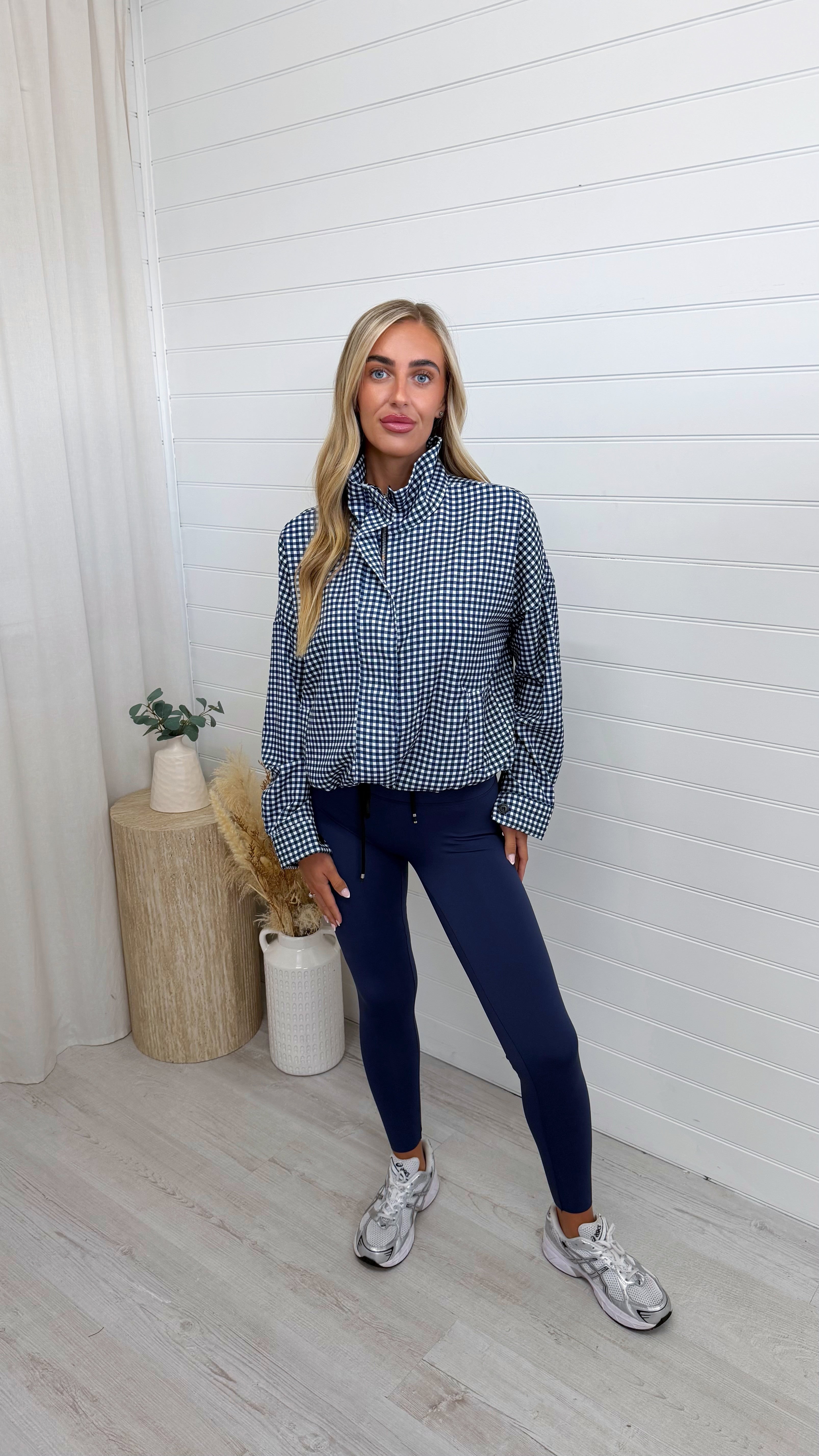 Gingham Toggle Bottom Bomber Jacket - NAVY