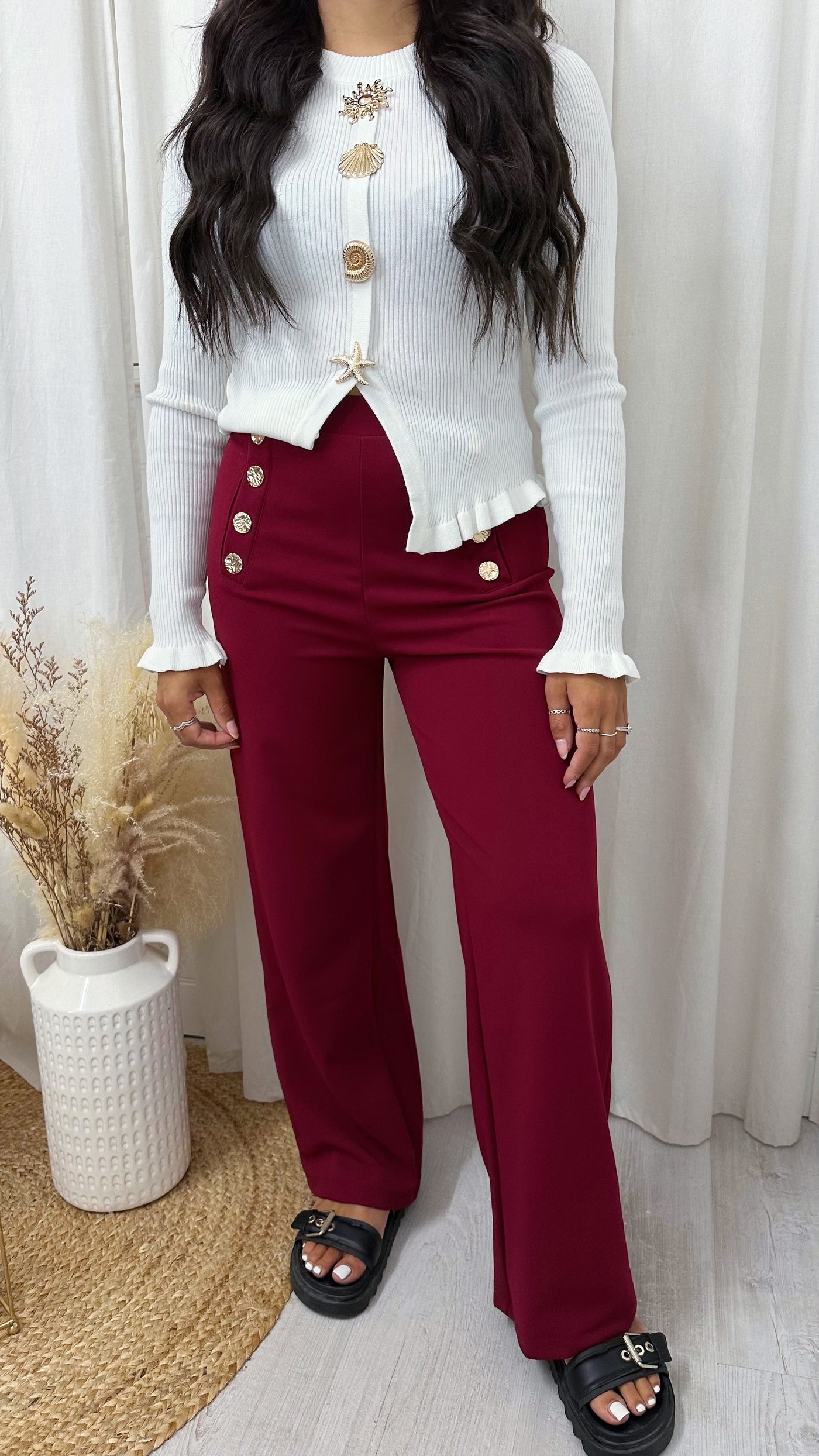 Gold Button Wide Leg Stretchy Trousers - WINE