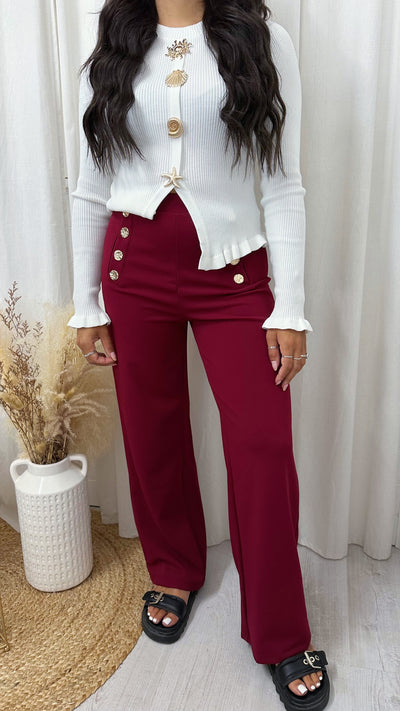 Gold Button Wide Leg Stretchy Trousers - WINE