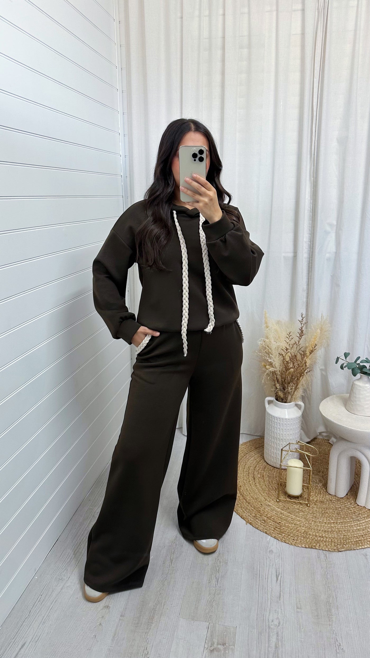 Rope Lace Hoodie and Wide Leg Joggers Co-Ord - BROWN
