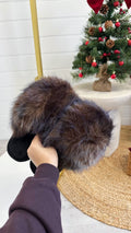 Mega Fluffy Faux Fur Slippers - BLACK/BROWN