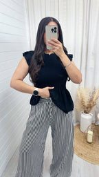 Pinstripe Linen Wide Leg Trousers - BLACK