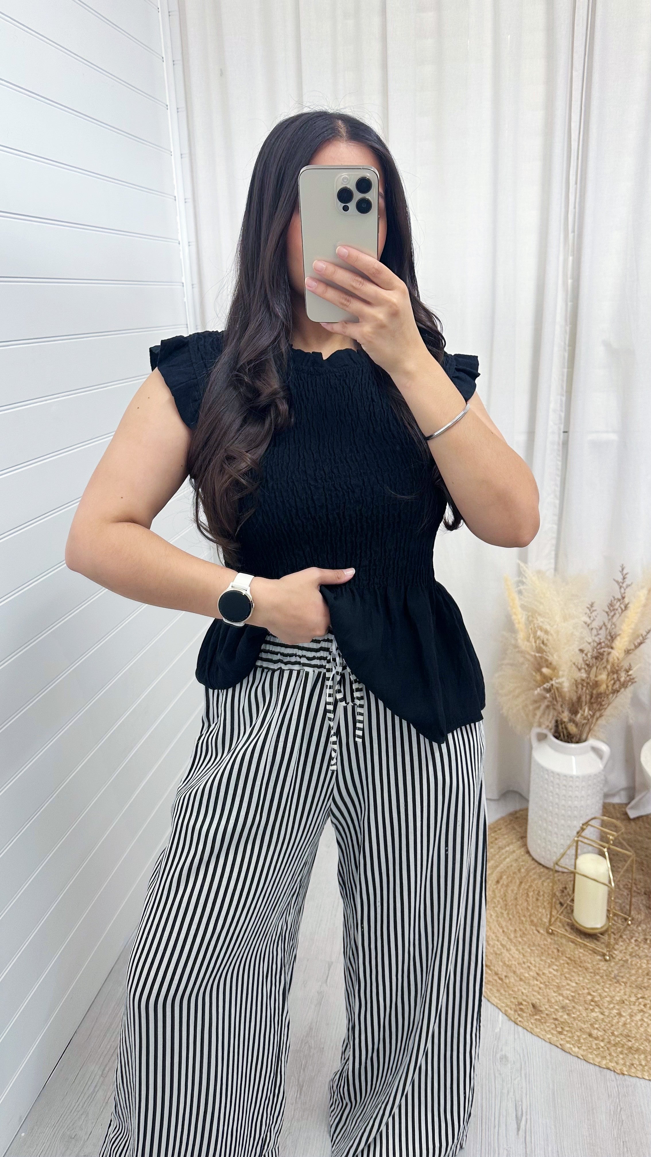 Pinstripe Linen Wide Leg Trousers - BLACK