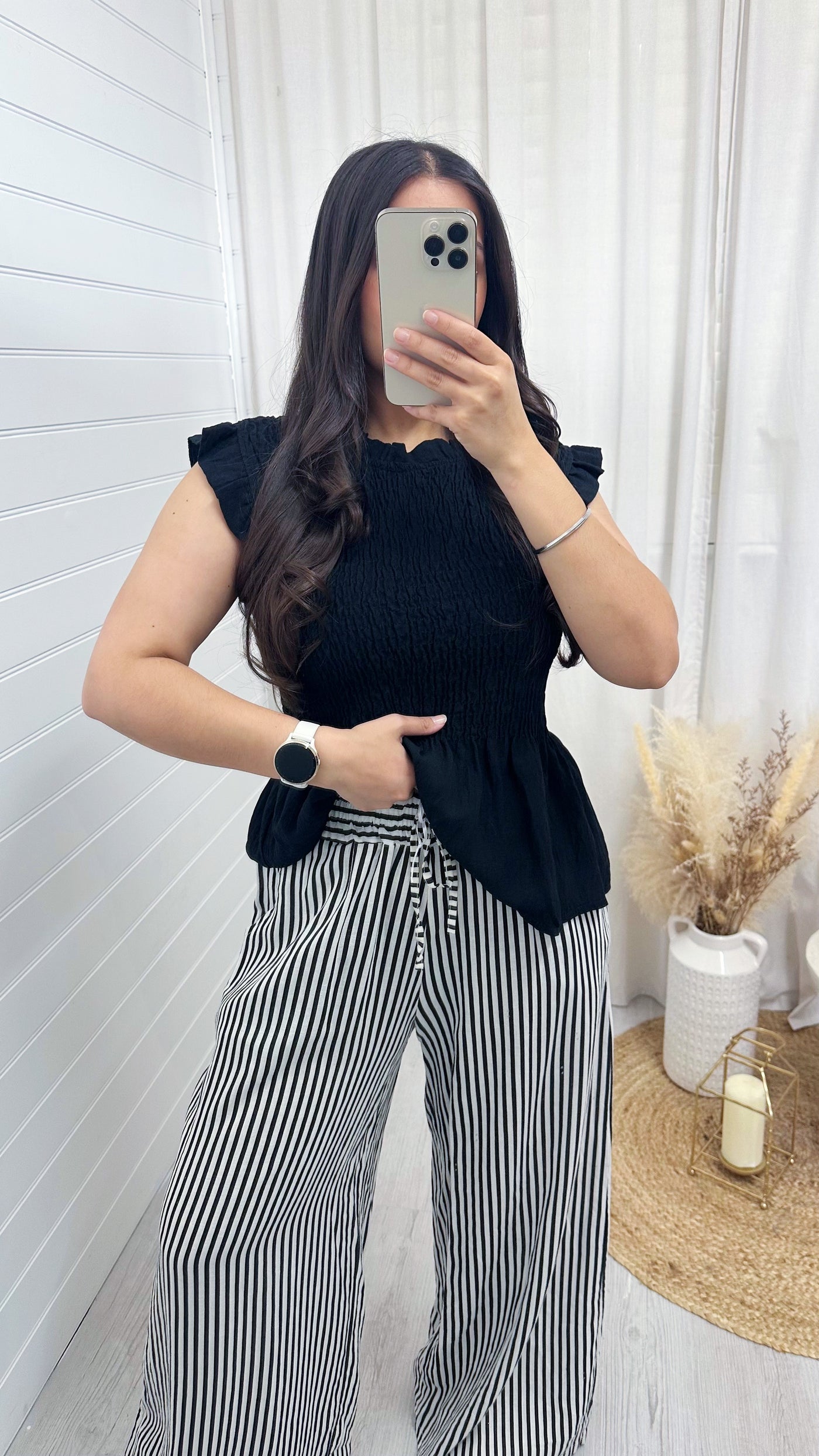Pinstripe Linen Wide Leg Trousers - BLACK