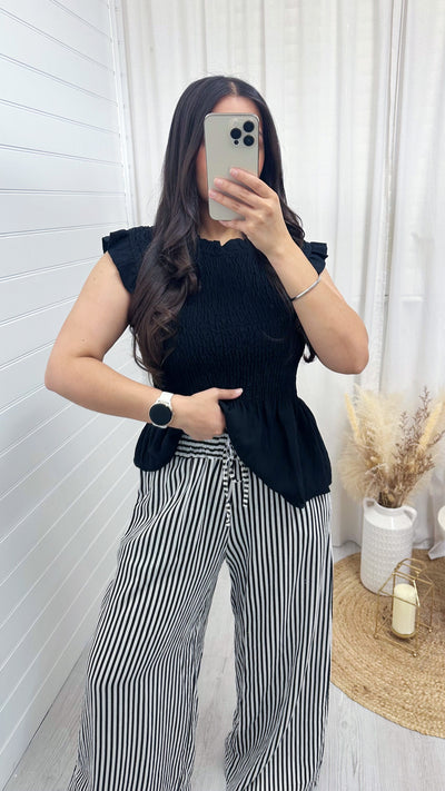 Pinstripe Linen Wide Leg Trousers - BLACK