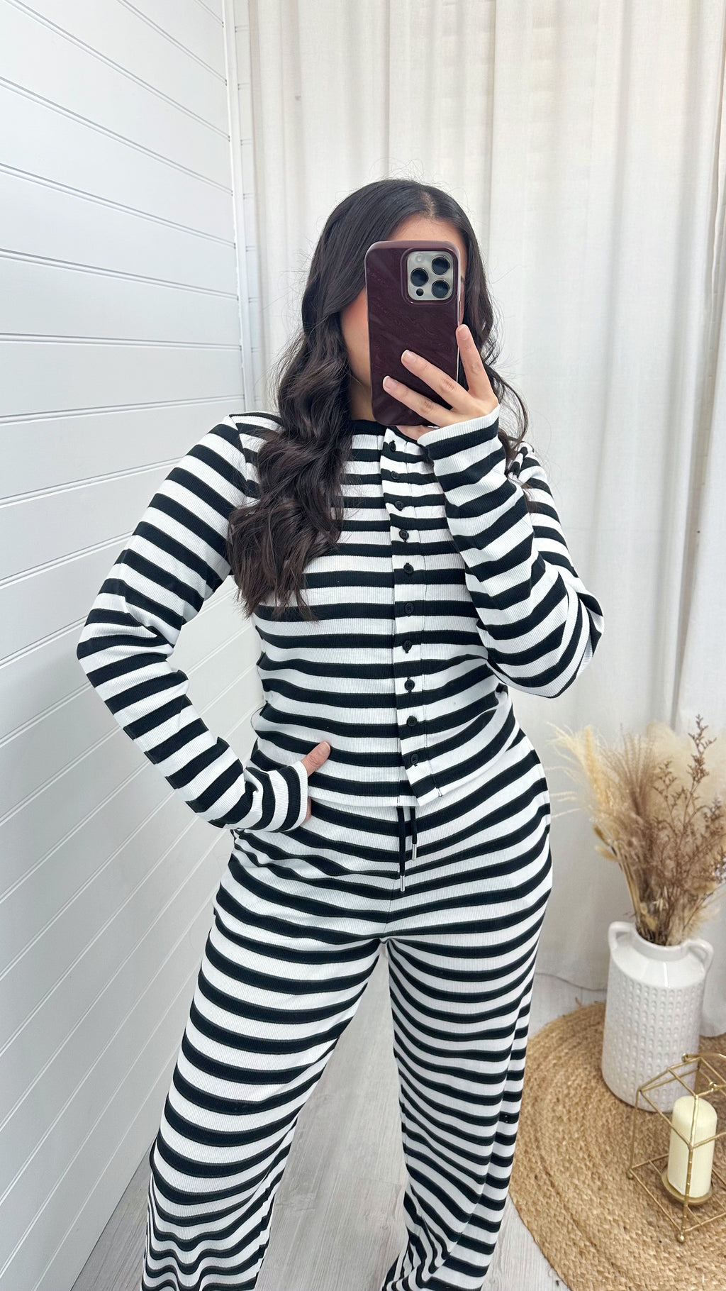 Stripe Knit Cardigan and Straight Leg Joggers Co-Ord - BLACK/WHITE