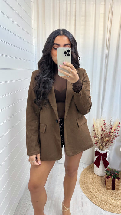 Suede Tailored Fit Blazer - CHOCOLATE BROWN
