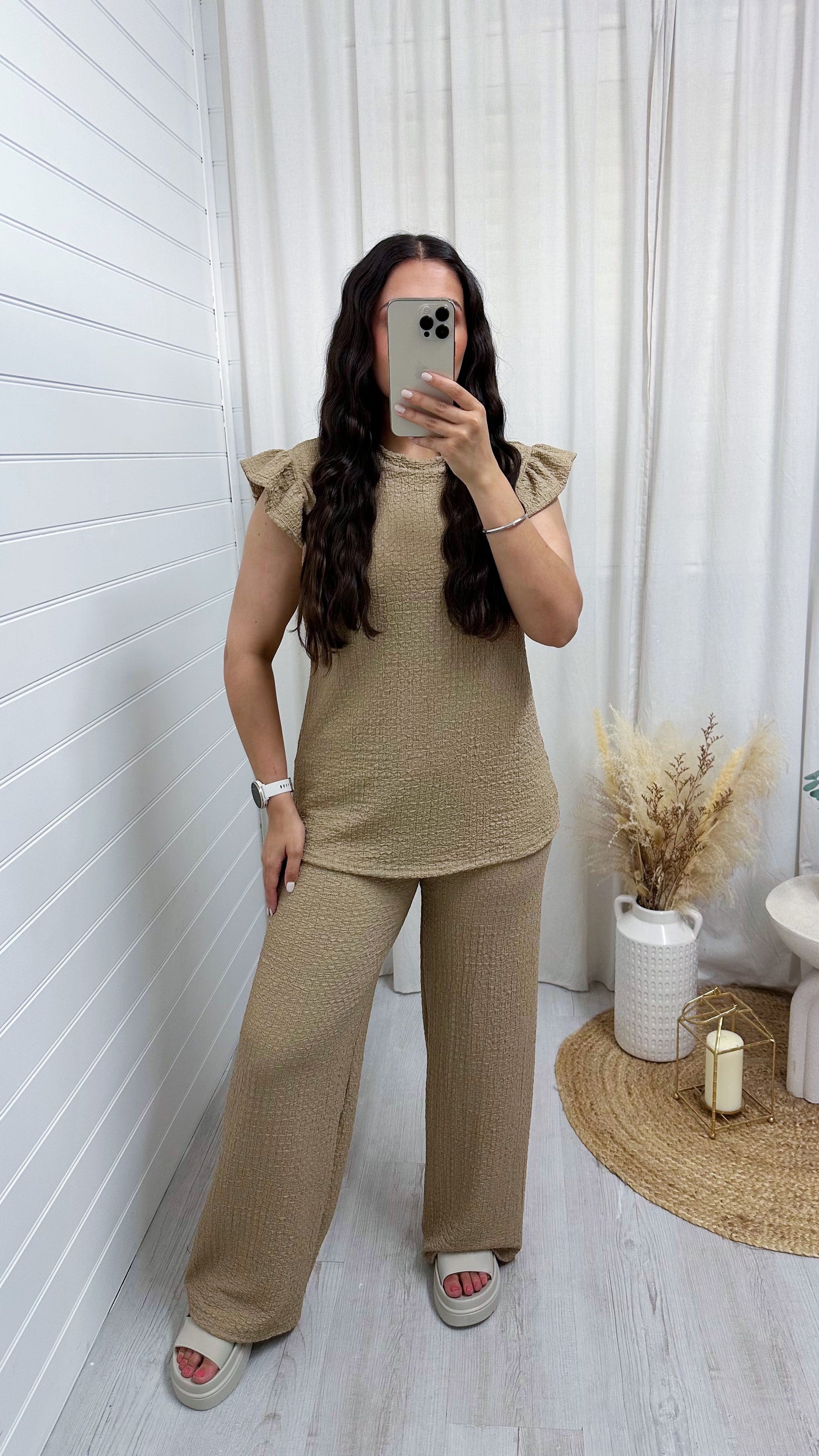 Cheesecloth Frill Shoulder Top and Trousers Co-Ord - TAUPE