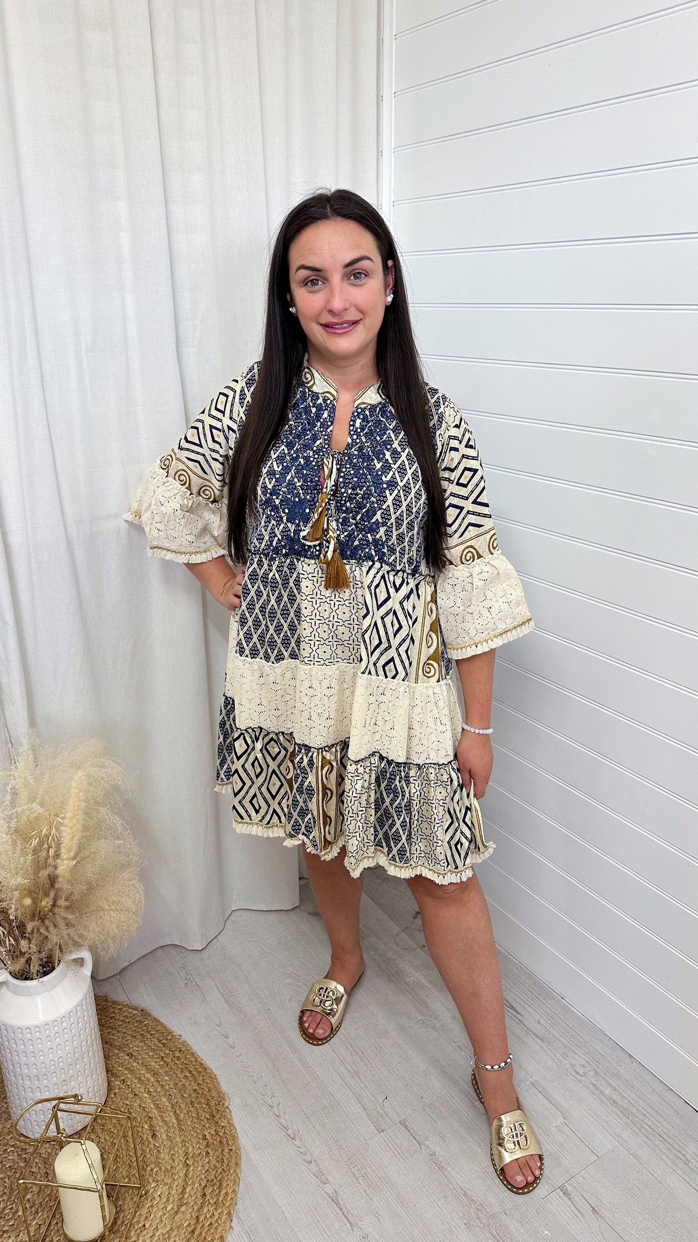 Sequin Boho Frill Hem Dress - NAVY