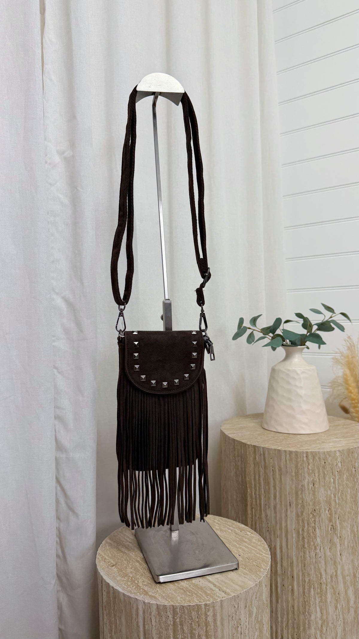 Suede Fringe Mini Cross Body Bag - BROWN