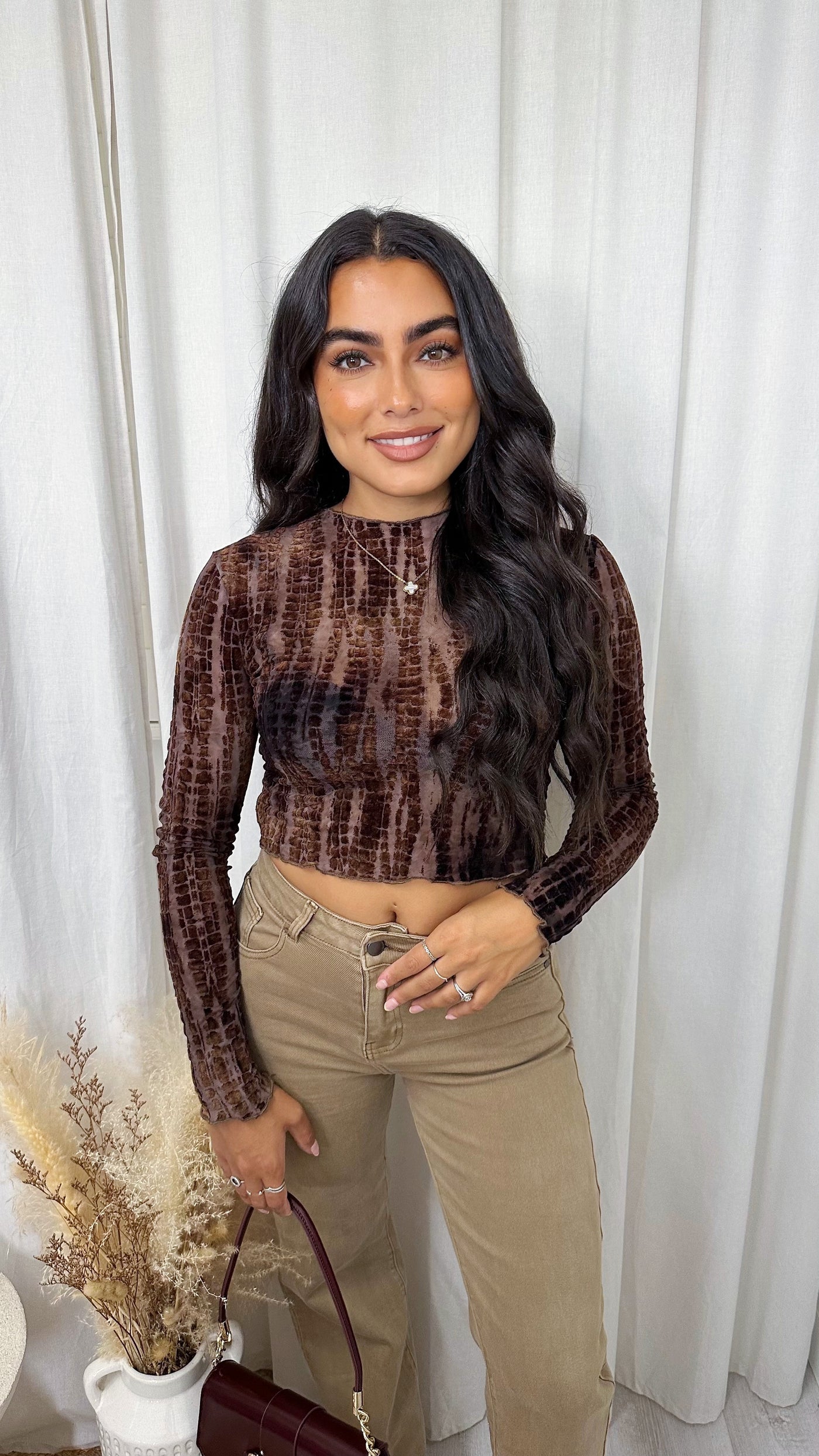 Velvet Printed Mesh Crop Top - BROWN