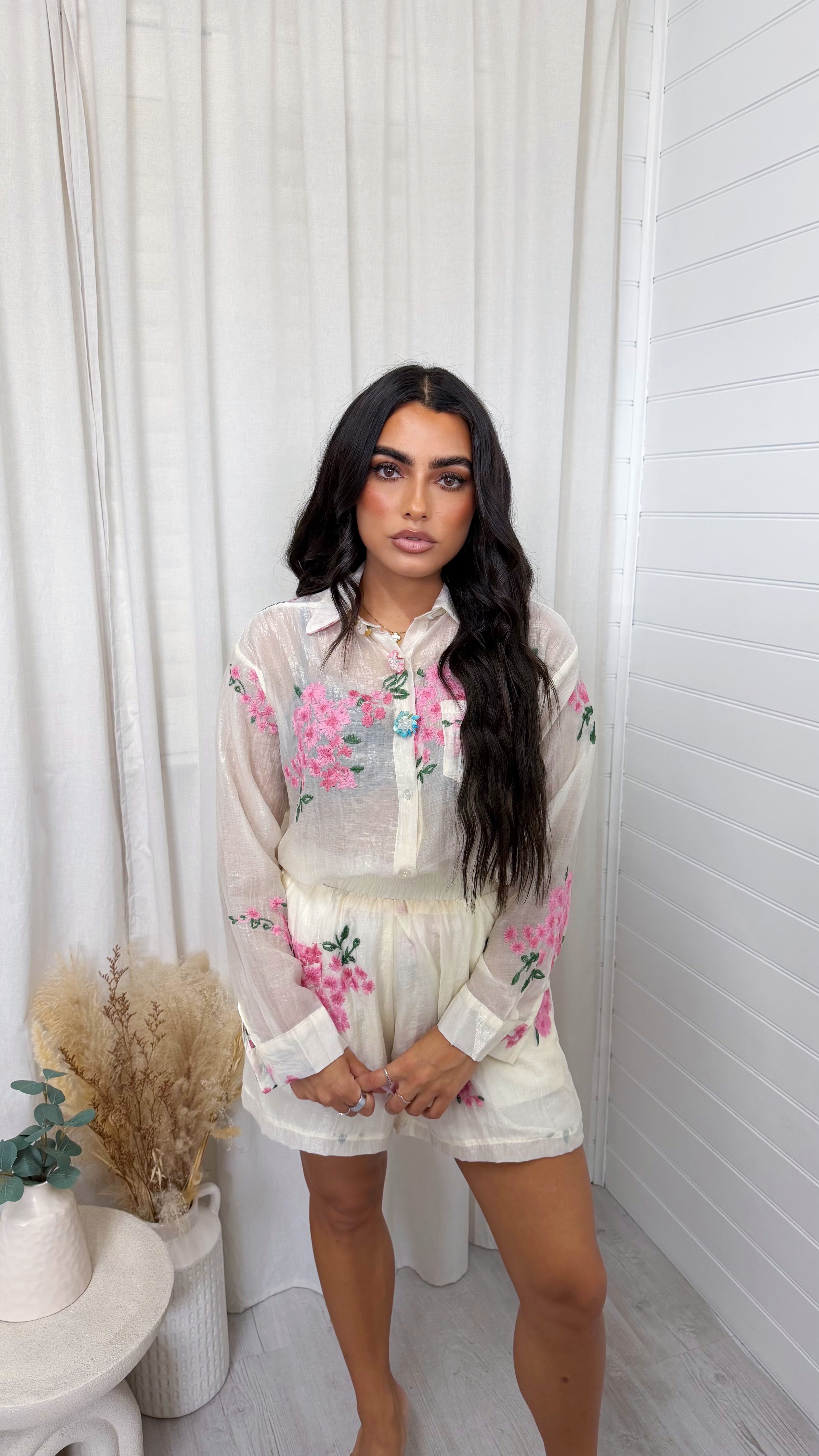 Sheer Floral Embroidered Shirt and Shorts Co-Ord - CREAM