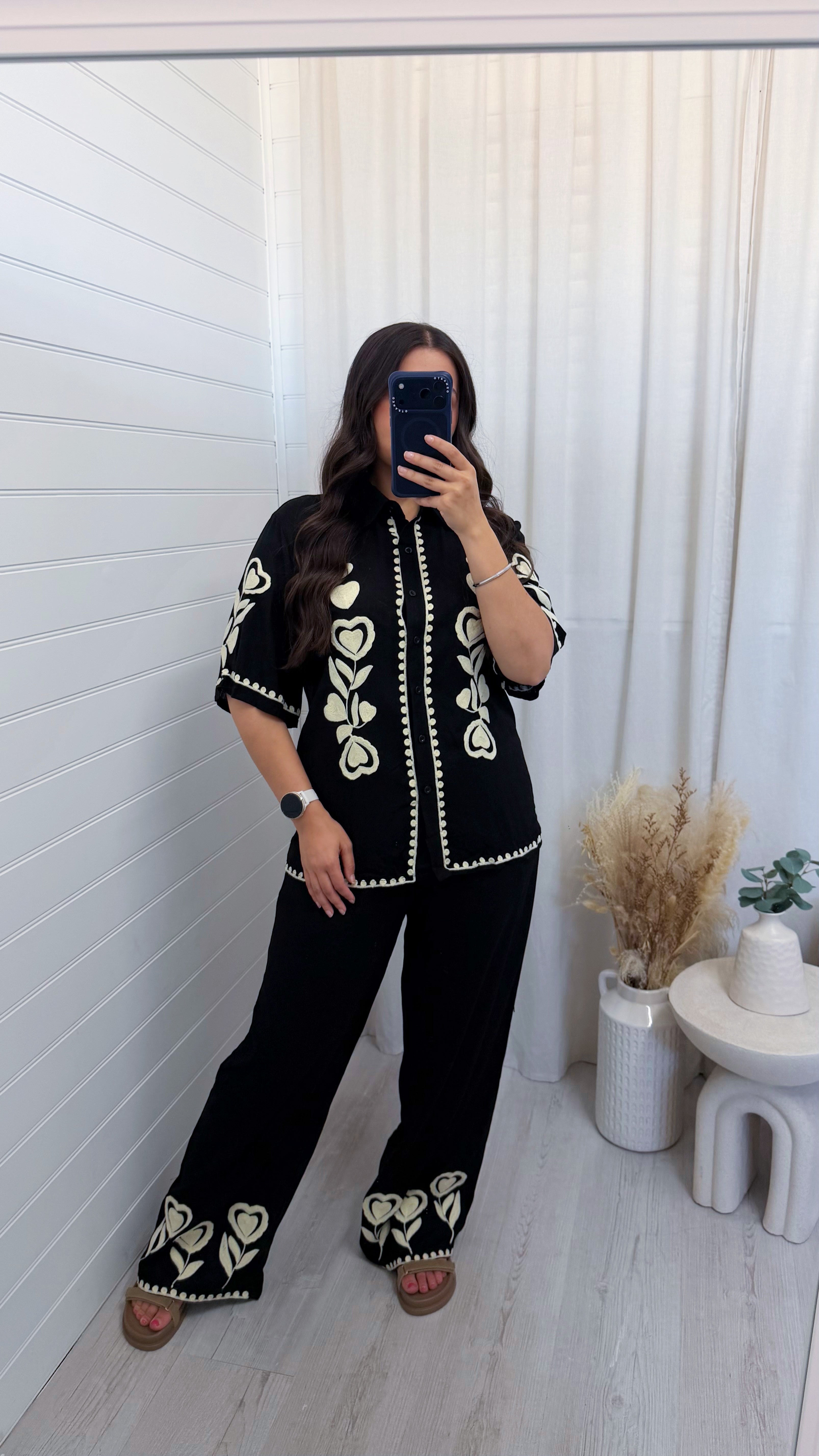 Embroidered Linen Shirt and Trousers Co-Ord - BLACK