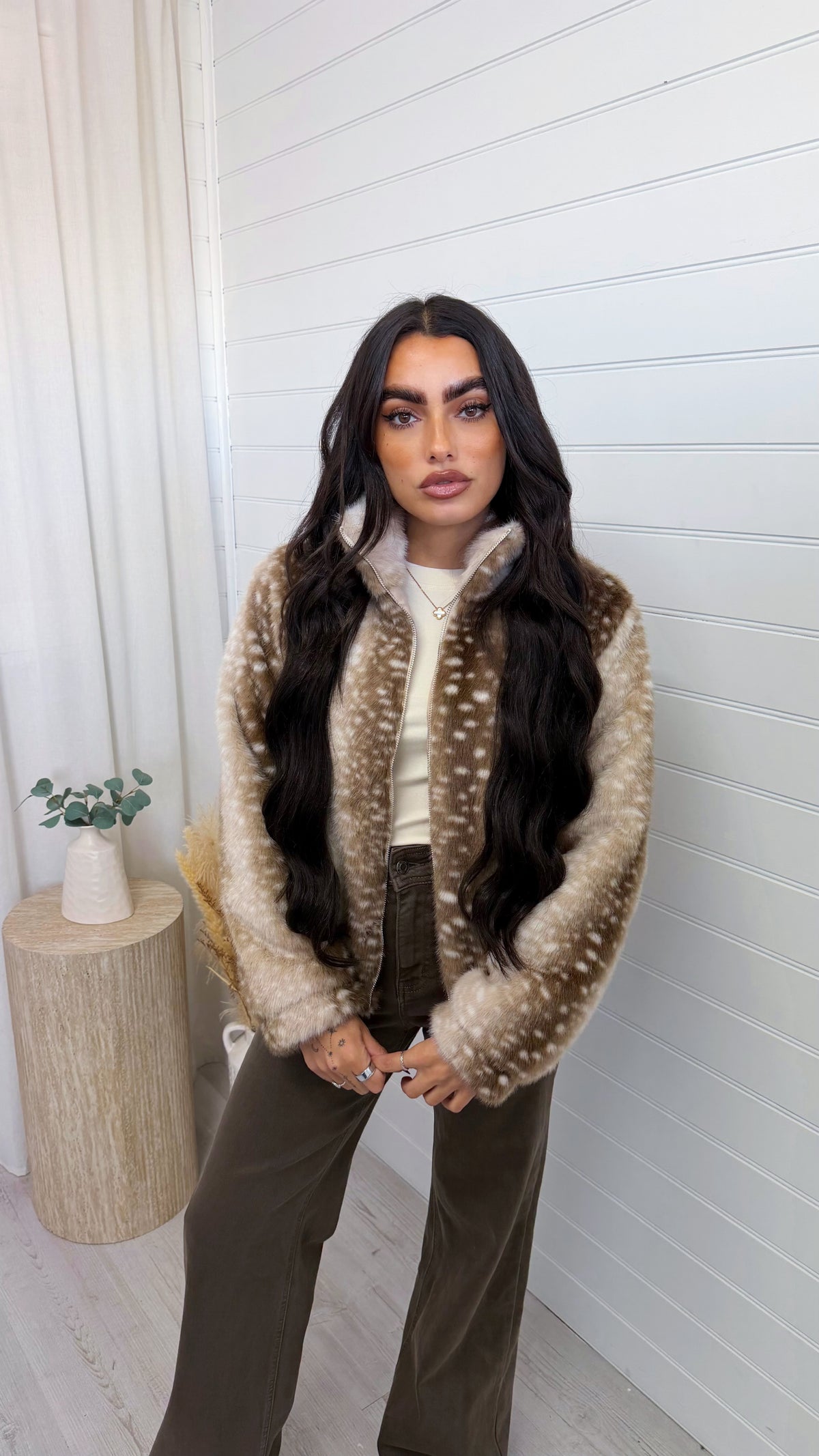 Deer Print Faux Fur Jacket - LIGHT BEIGE