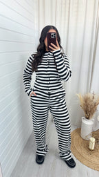 Stripe Knit Cardigan and Straight Leg Joggers Co-Ord - BLACK/WHITE