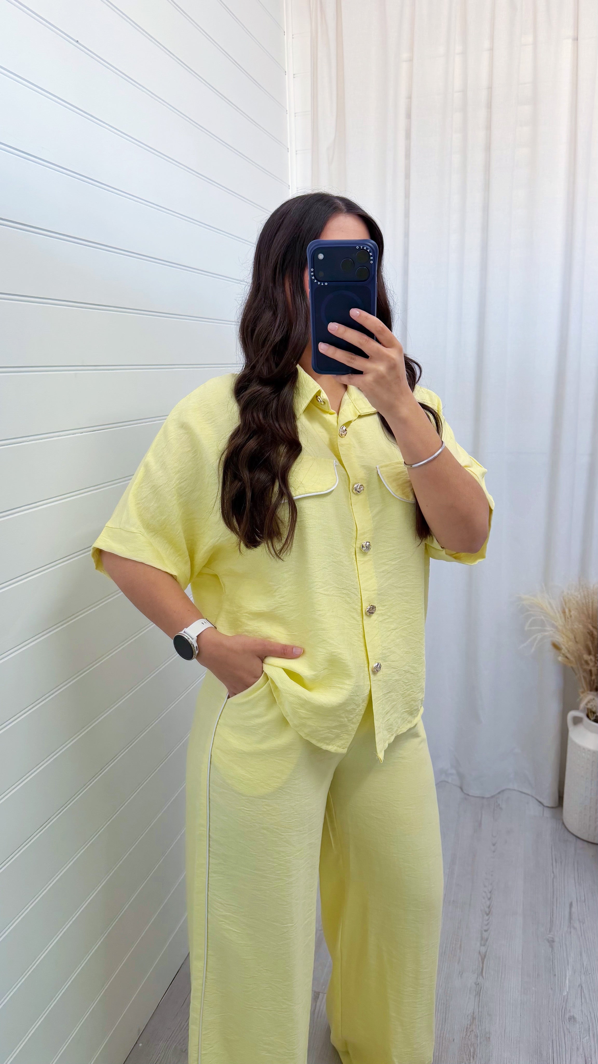 White Piped Shirt and Trousers Co-Ord - LEMON