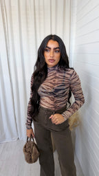 Zebra Print Mesh Bodysuit - BEIGE