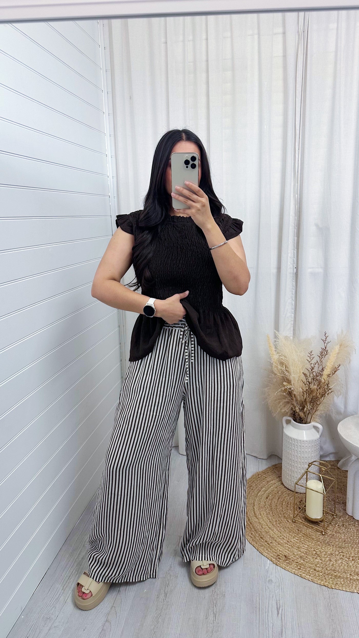 Pinstripe Linen Wide Leg Trousers - BROWN