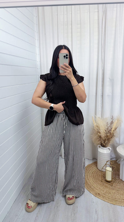 Pinstripe Linen Wide Leg Trousers - BROWN