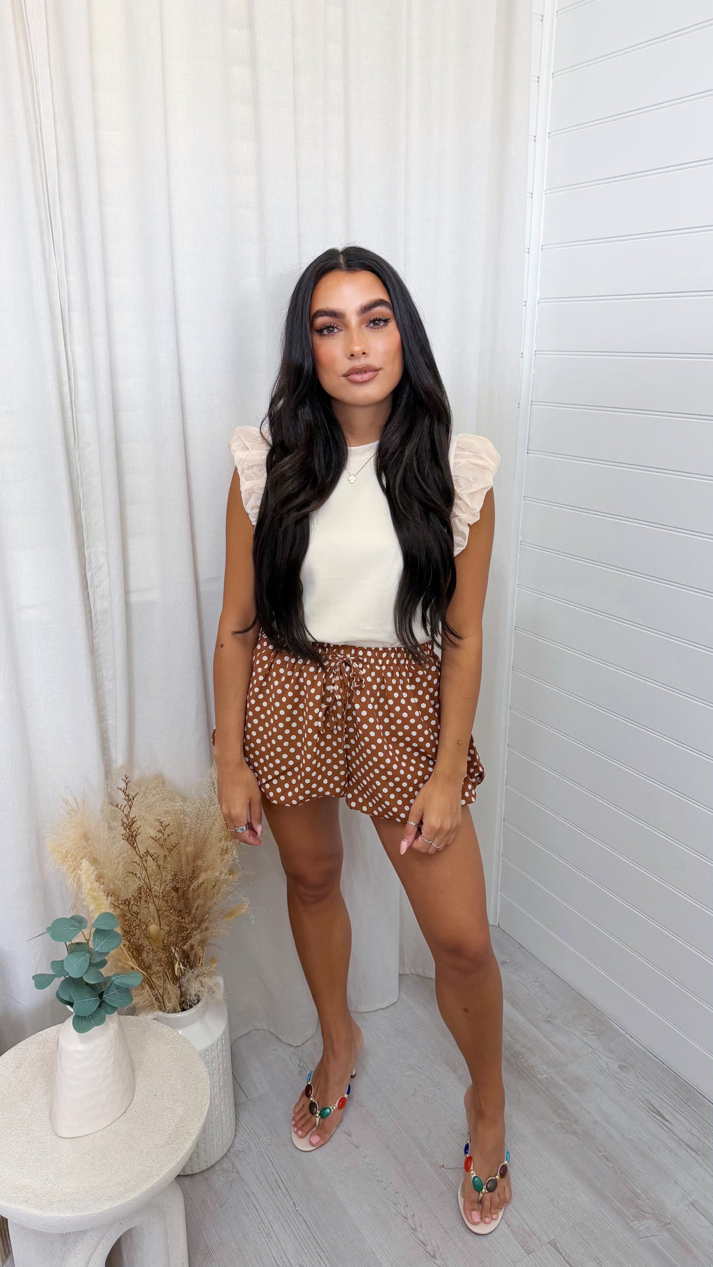Polka Dot Puff Ball Shorts - BROWN/CREAM
