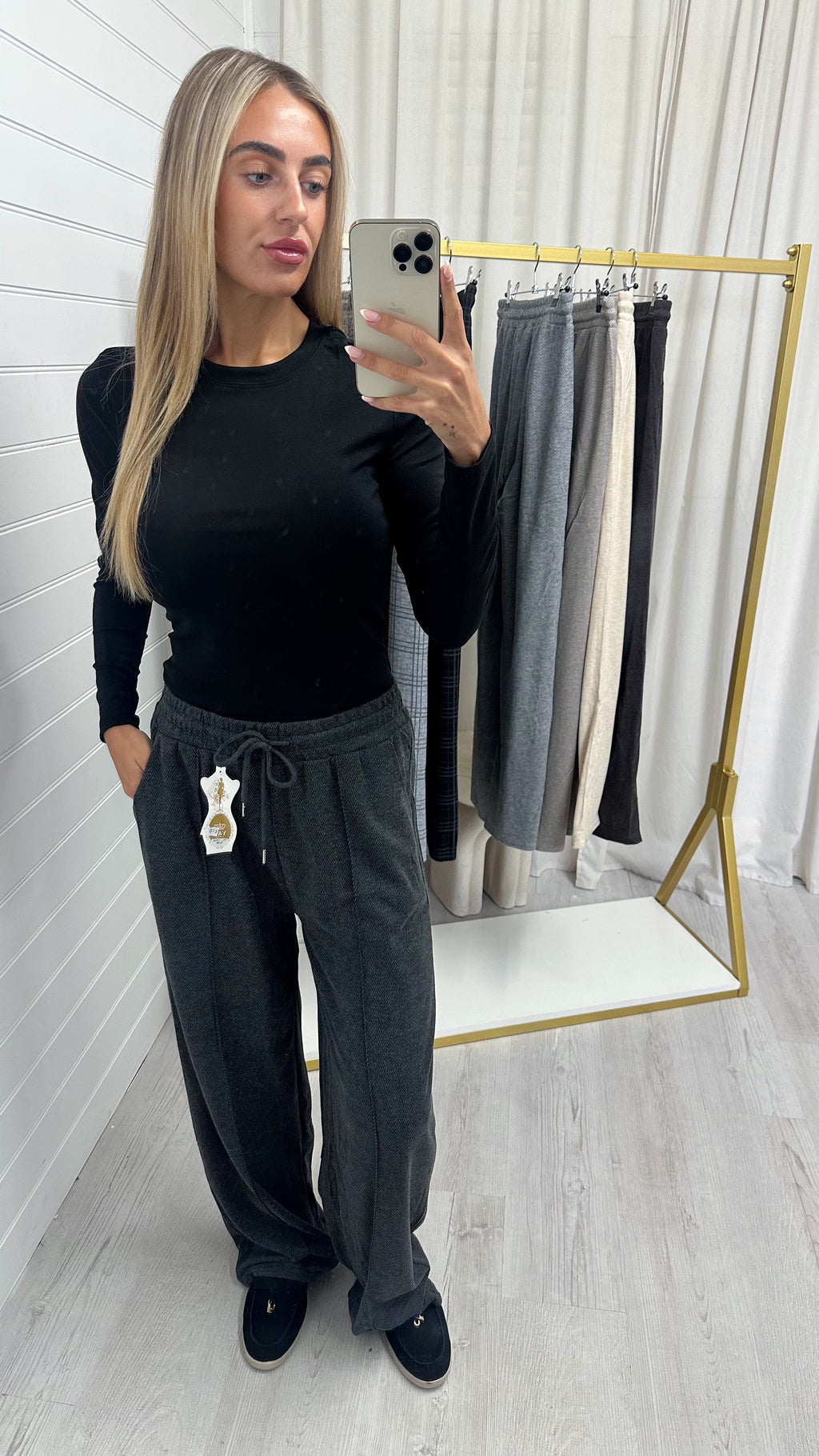 Textured Wide Leg Trousers - CHARCOAL