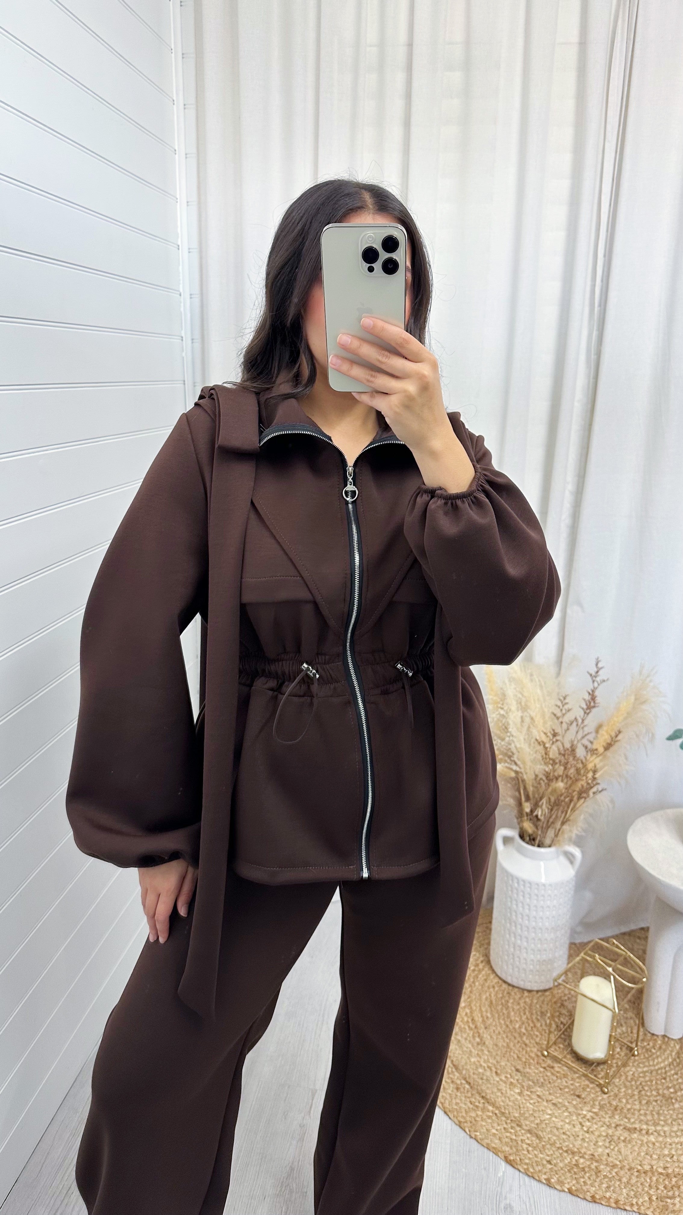 Bow Shoulder Cinched Jacket and Straight Leg Joggers Tracksuit - BROWN
