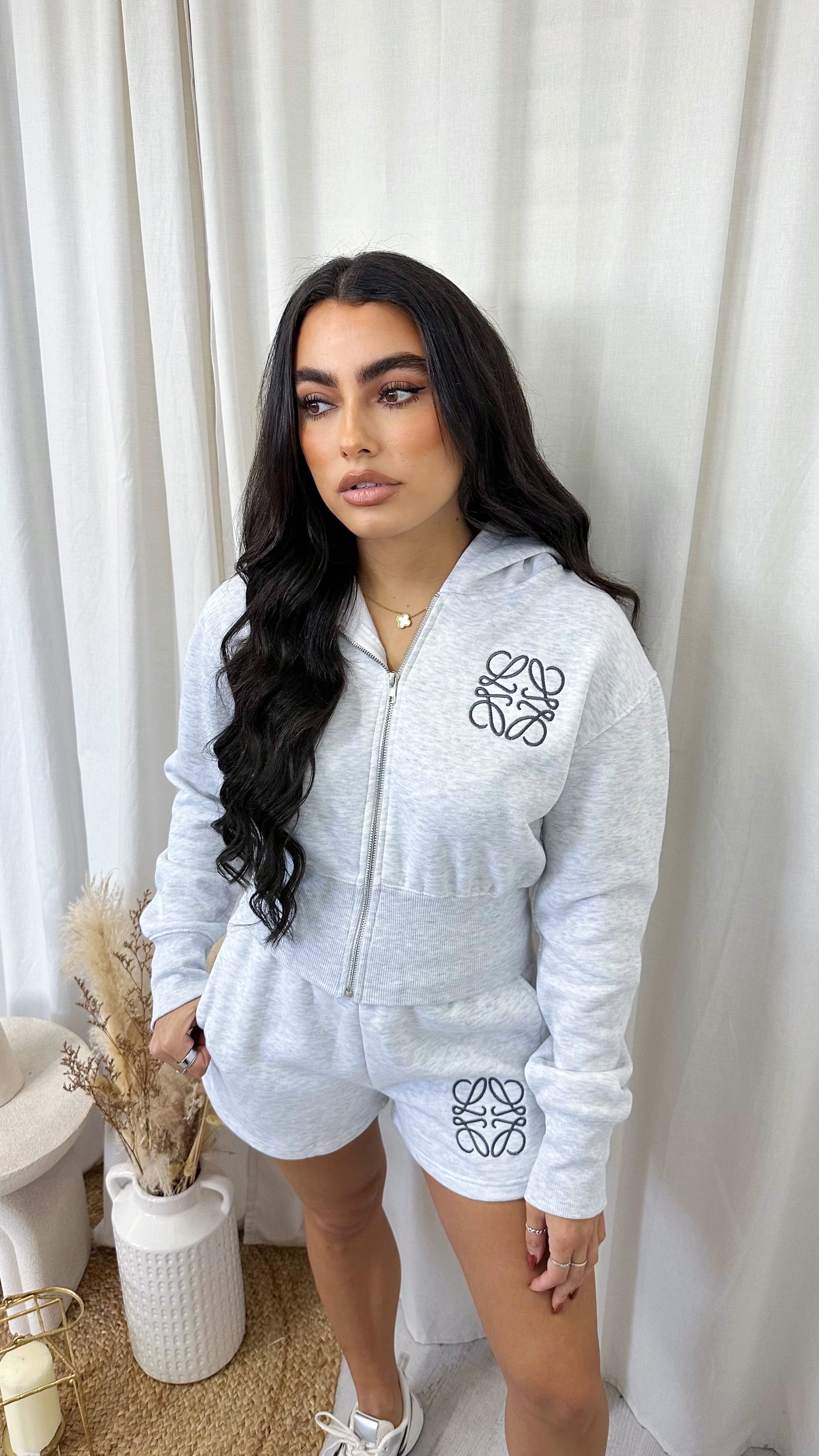 Swirl Monogram Crop Jacket and Shorts Co-Ord - GREY