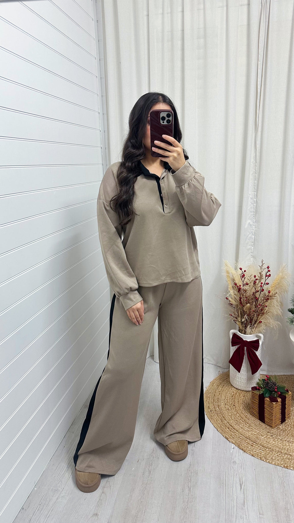 Contrast Collared Shirt and Wide Leg Joggers Co-Ord - MOCHA