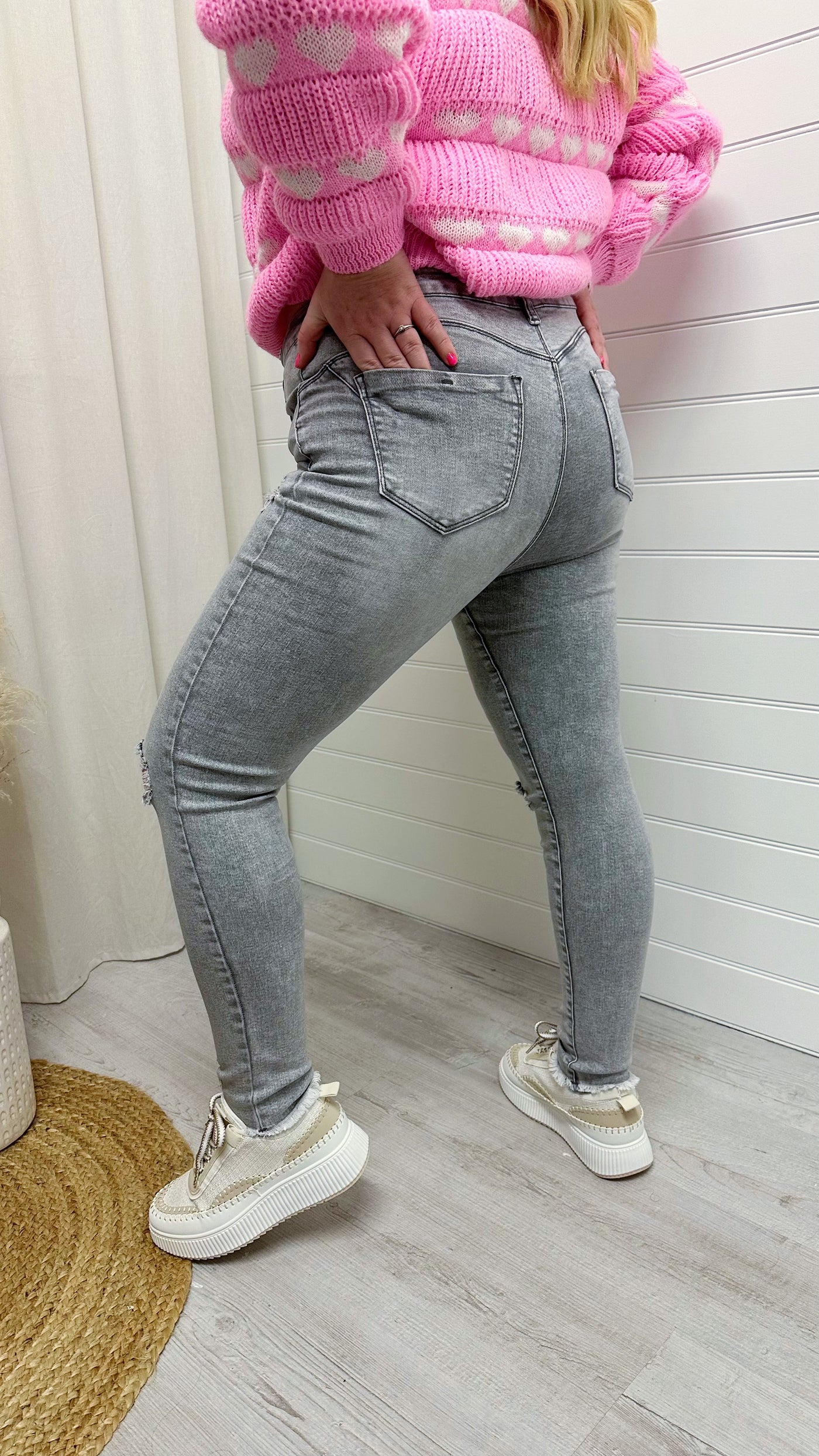 PLUS High Waisted Stretchy Ripped Skinny Jeans - GREY