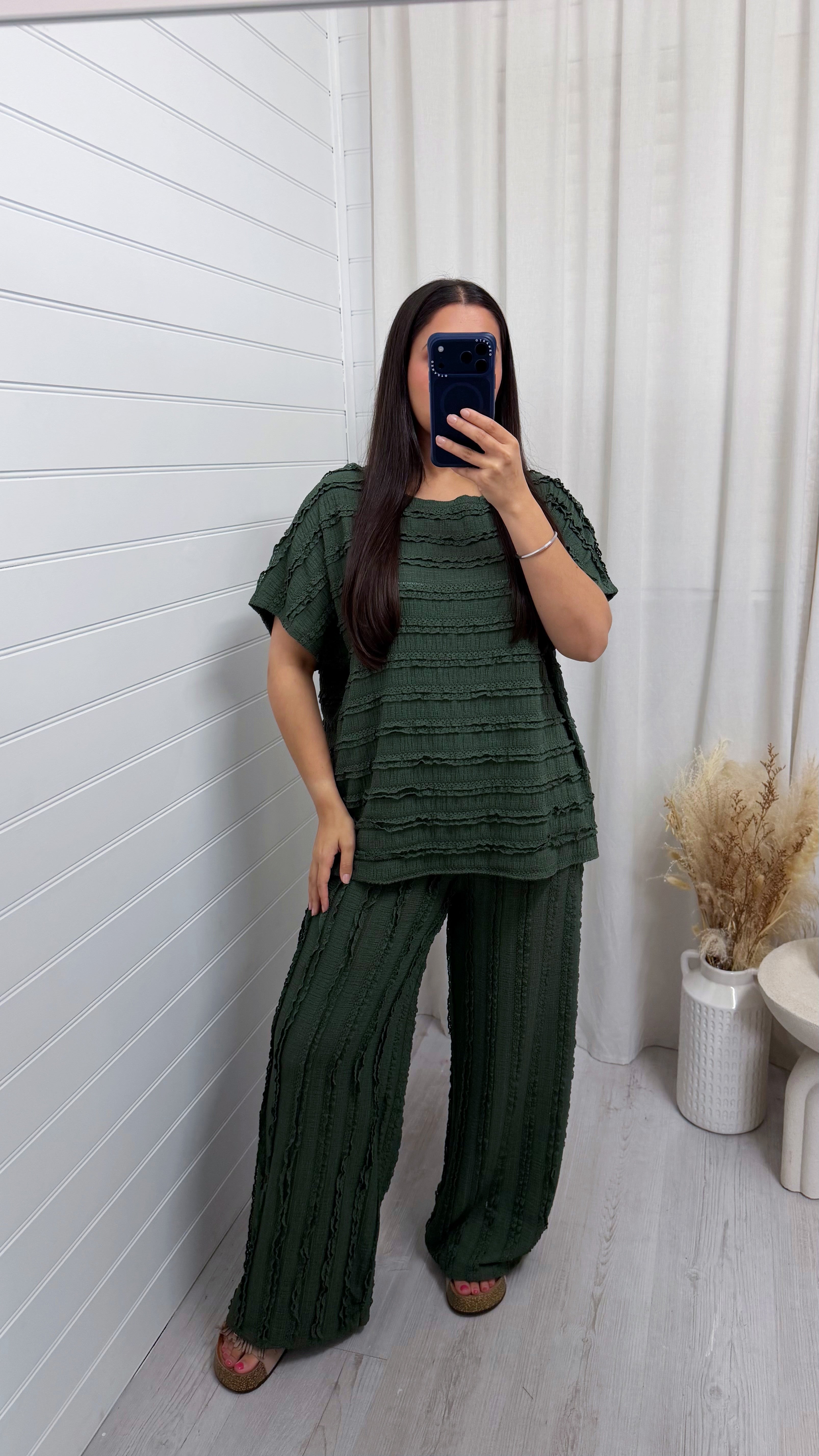 Frill Tiered T-Shirt and Wide Leg Trousers Co-Ord - KHAKI