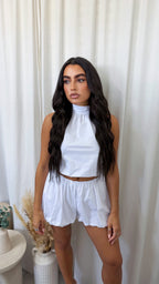 Puff Ball Halter Neck Top and Shorts Co-Ord - WHITE