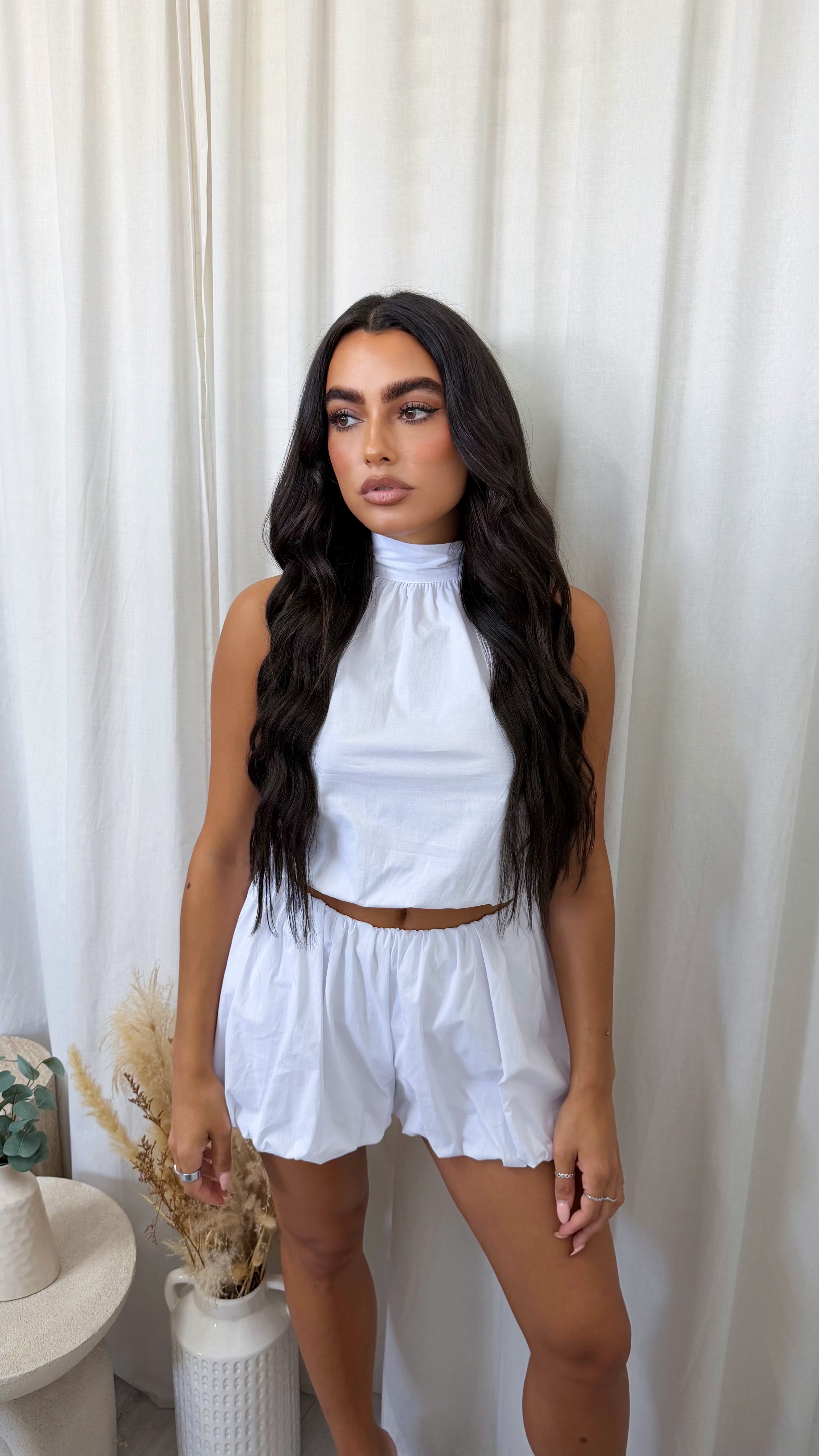 Puff Ball Halter Neck Top and Shorts Co-Ord - WHITE