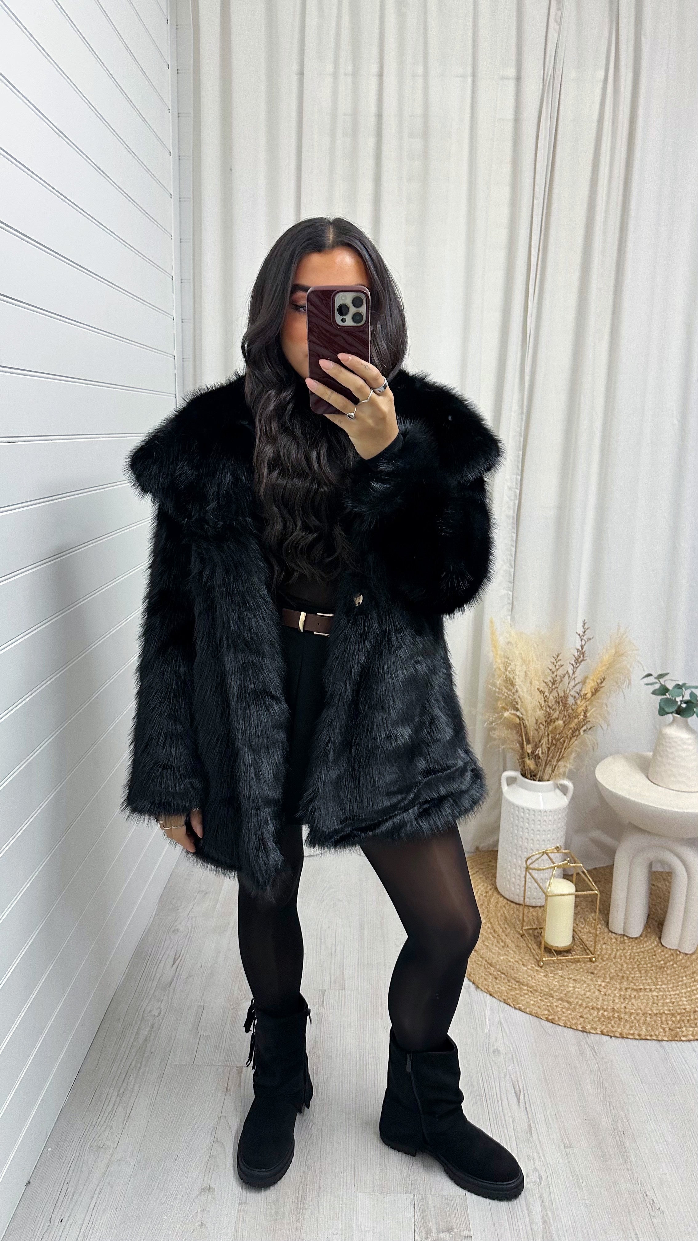 Long Faux Fur Lapel Coat - BLACK