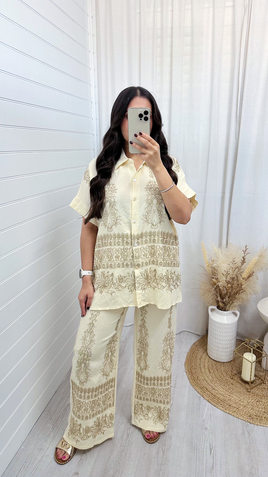 Gold Sparkle Embroidered Shirt and Trousers Co-Ord - CREAM